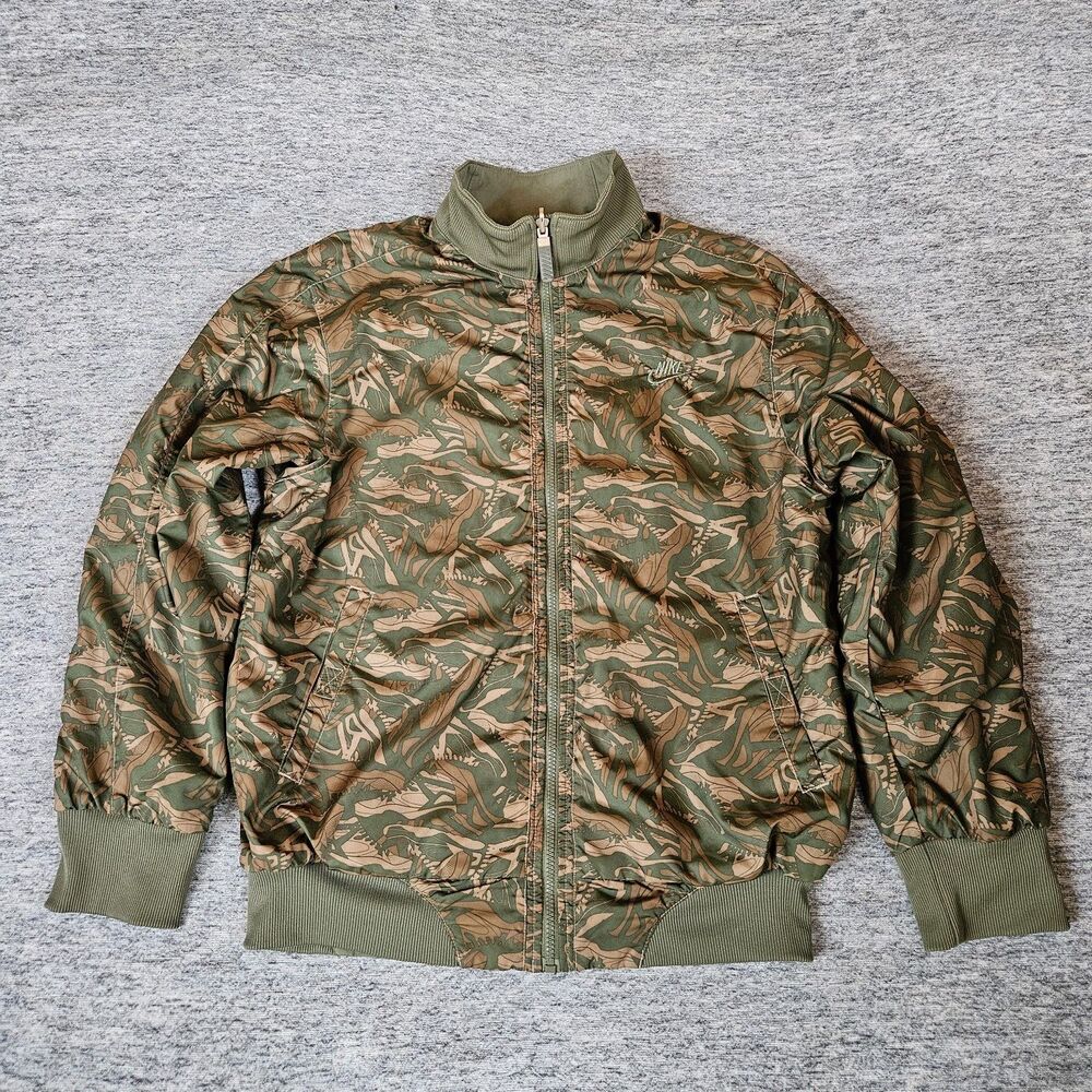 Nike Reversible Bomber Jacket Mens Large Green Tan Shoe Print Camo Full Zip Y2K
